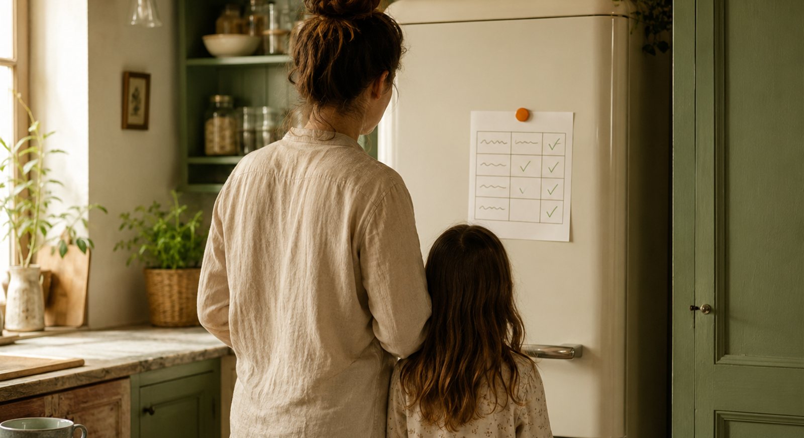 Un parent et un enfant, de dos, regardent la feuille de règles cochée aimantée au frigo
