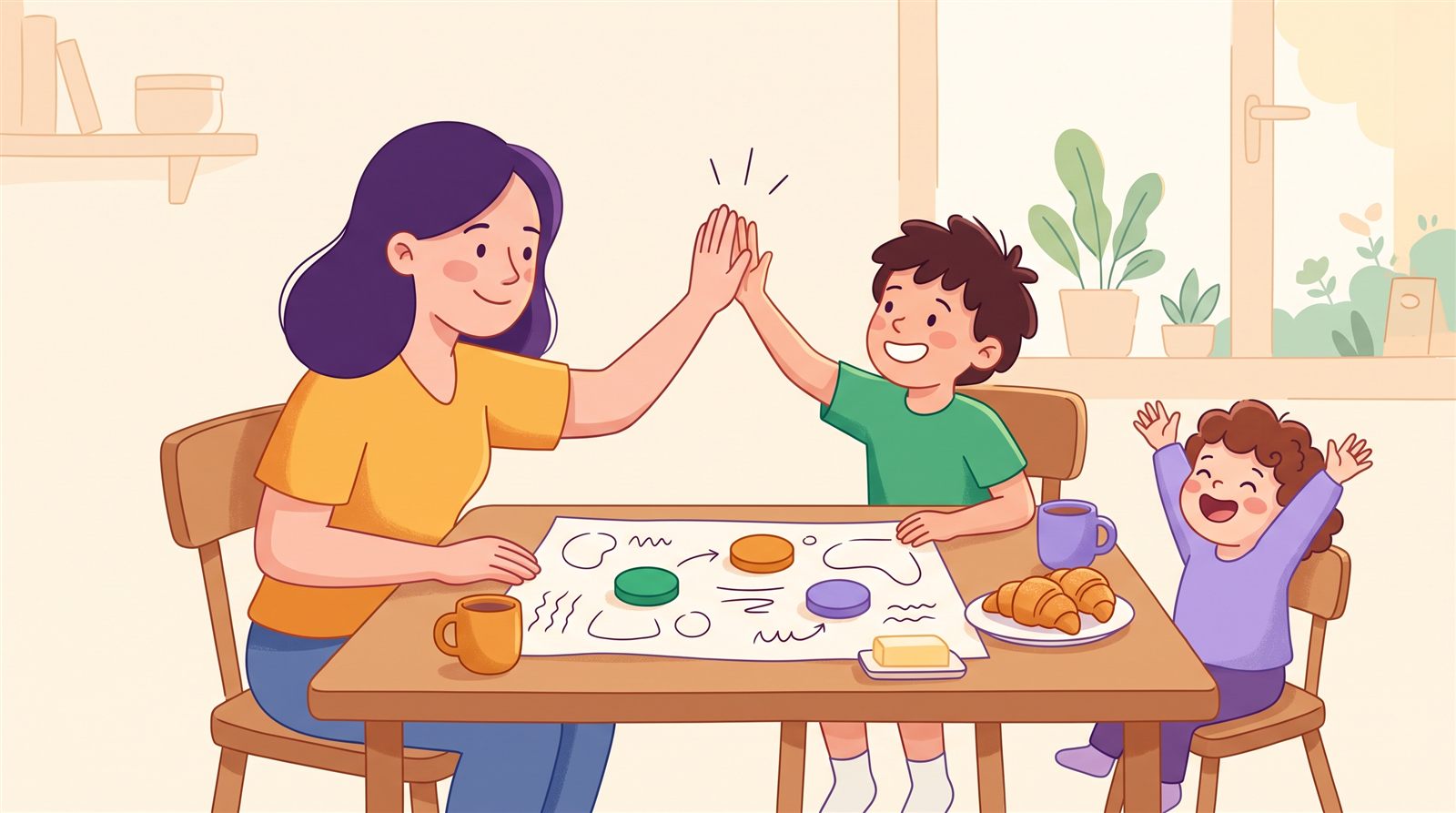 Un conseil de famille au petit-déjeuner : la mère et le fils se tapent dans la main au-dessus du barème dessiné ensemble, la petite sœur lève les bras