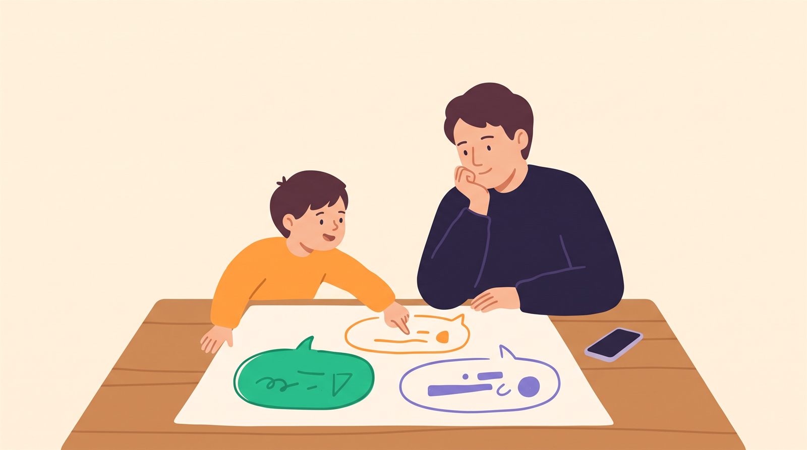 Un enfant montre du doigt une idée sur une grande feuille où trois panneaux de couleur sont dessinés, son parent l'écoute le menton dans la main ; le téléphone est posé écran contre la table