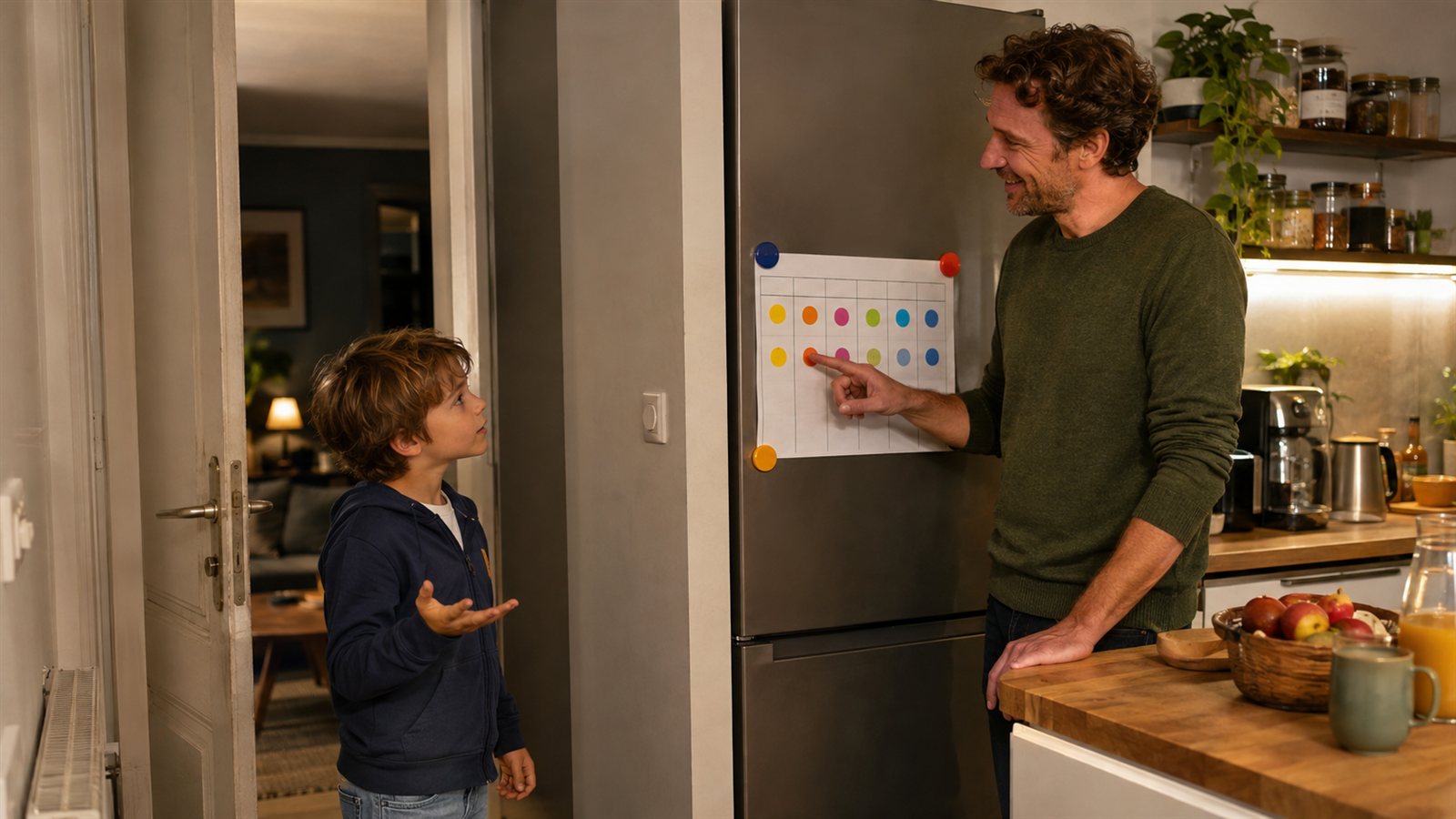 Un enfant pose la question, le parent montre le tableau des jours accroché au frigo