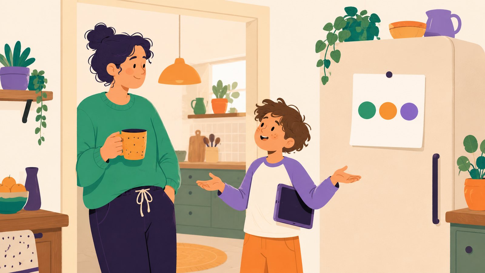 Dans l'encadrement de la porte de la cuisine, un enfant tablette sous le bras ouvre les bras vers sa mère qui tient une tasse ; sur le frigo, une feuille avec trois pastilles de couleur