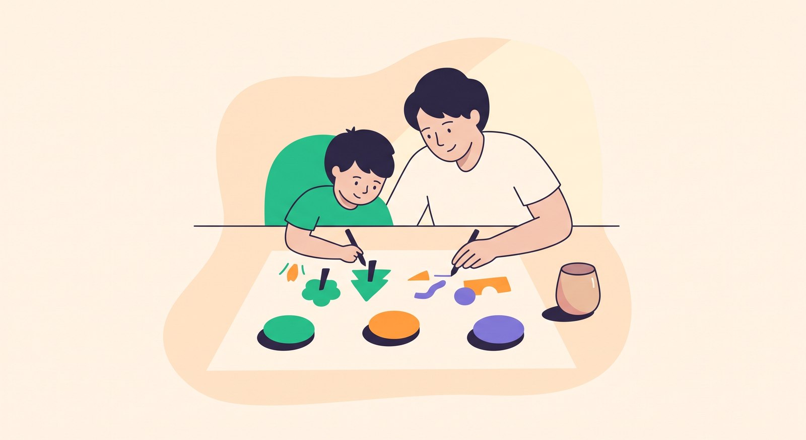 Un parent et un enfant conviennent de leurs règles ensemble autour de la table