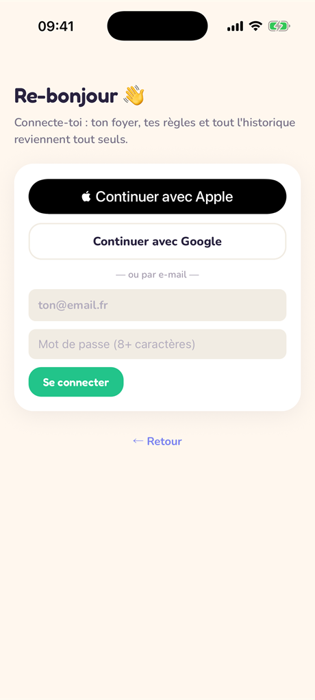 Sign-in screen: Apple, Google or email