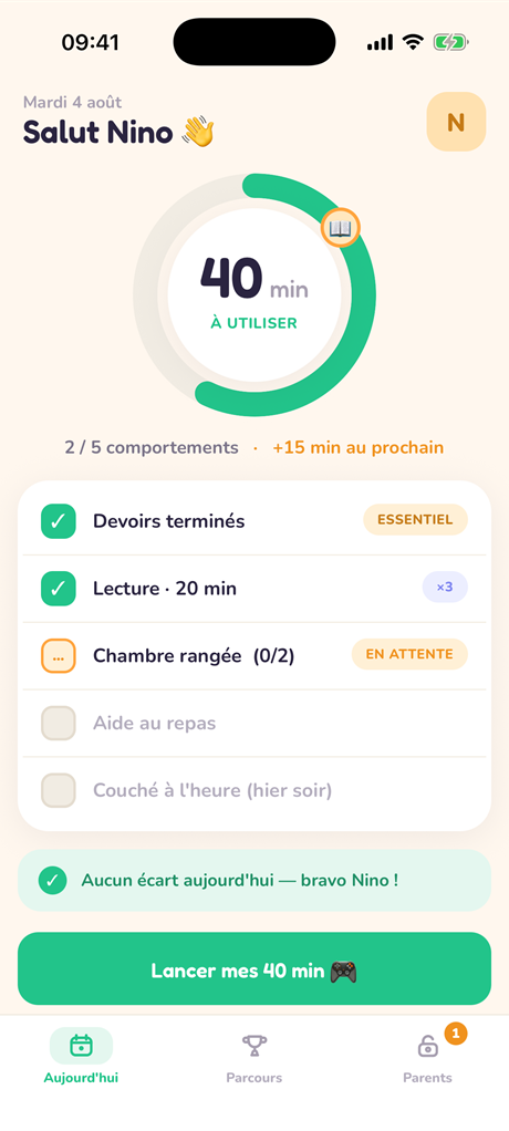 Écran enfant : jauge de 40 minutes débloquées, comportements cochés