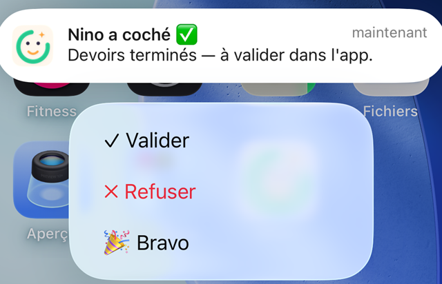 Notification with Validate, Decline, Bravo buttons