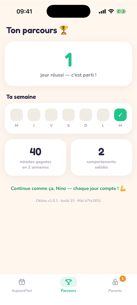 Écran parcours : jours réussis d'affilée et minutes gagnées