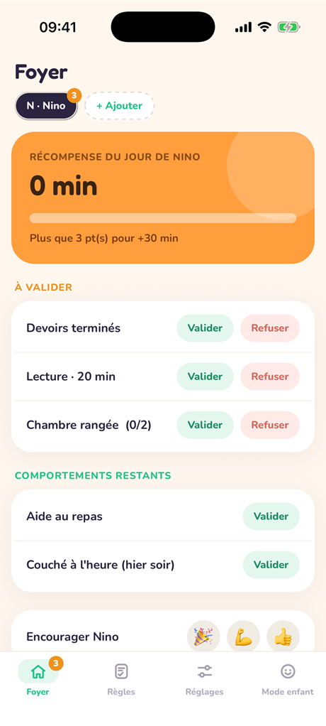 Écran parent : déclarations à valider en un tap