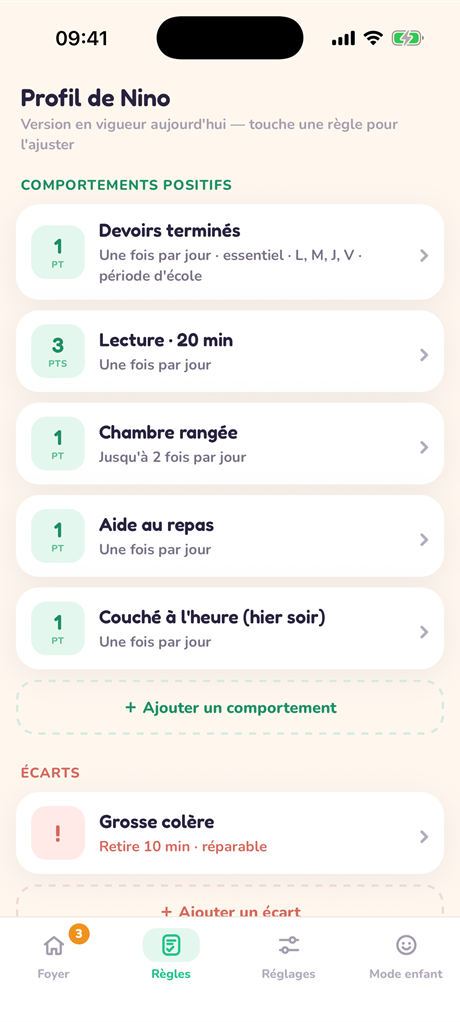 The Rules tab: each rule summarized in one sentence, with its points